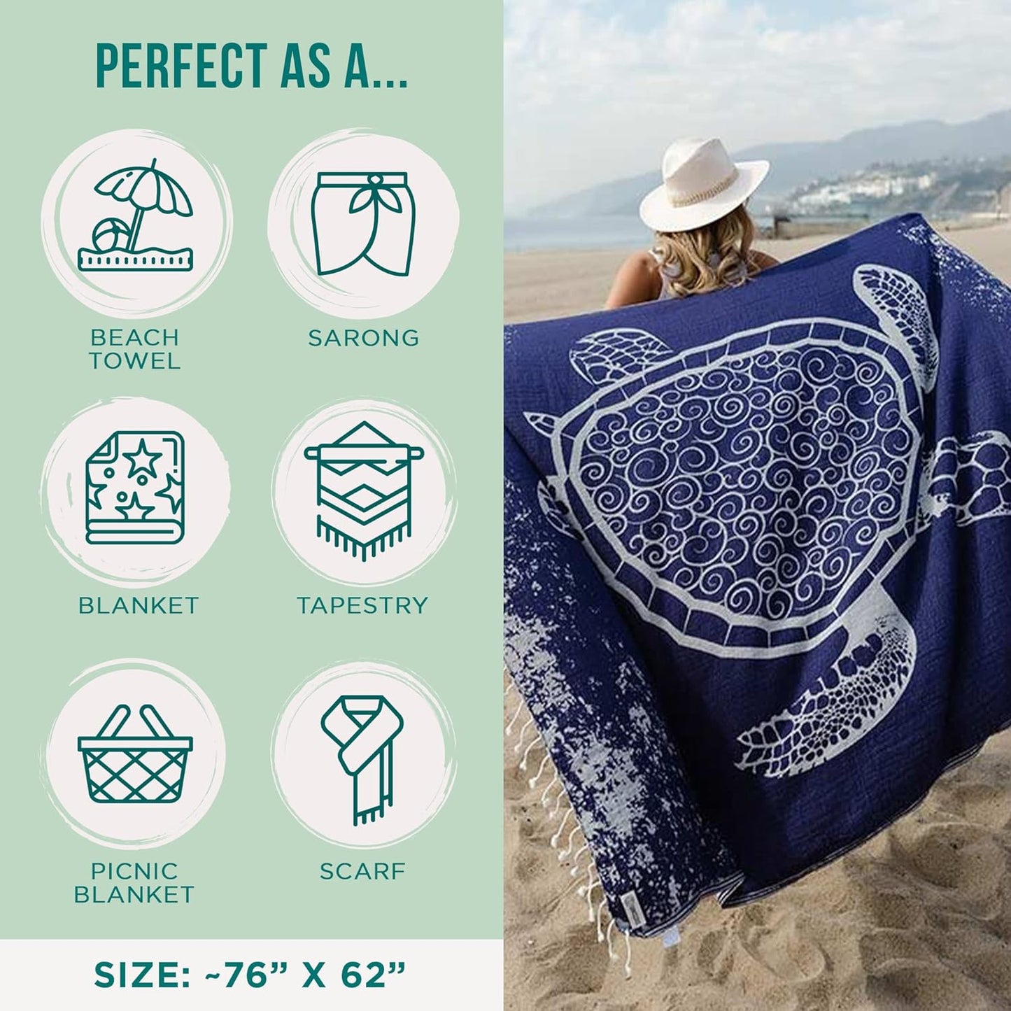 Sand Cloud Large Turkish Beach Towel - Sand Free - 100% Organic Turkish Cotton Yarn - Quick Dry Towel for Beach, Picnic, Blanket or Bath - As Seen on Shark Tank - Marine Life (Navy Crush Turtle)