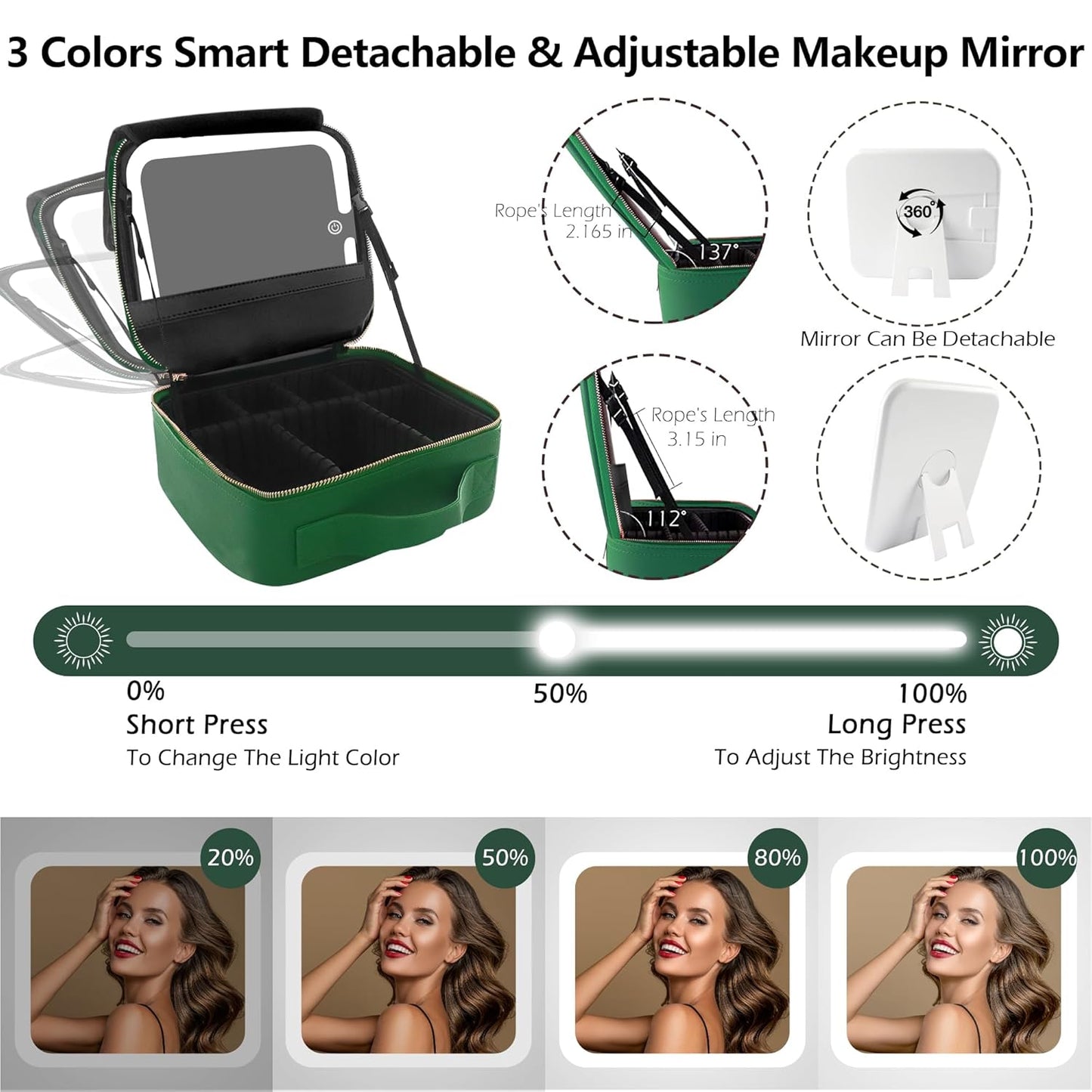 MOMIRA Travel Makeup Bag Cosmetic Bag Makeup Organizer Bag with Lighted Mirror, Adjustable Brightness in 3 Color Scenarios, Waterproof Makeup Train Case, Gift for Women - Emerald green