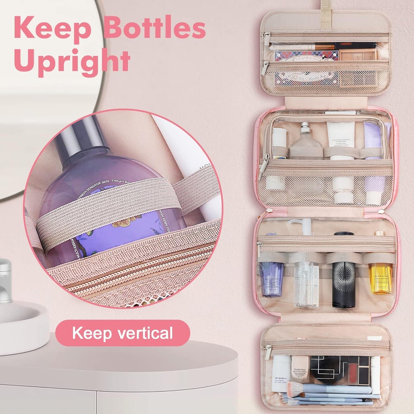 Wedama Toiletry Bag for Women, Medium Cosmetic Travel Bag, Hanging Toiletry Bag for Bathroom, Thickened PVC Waterproof Makeup Bag, Toiletries Bag for Travel Business Trips and Camping, Pink