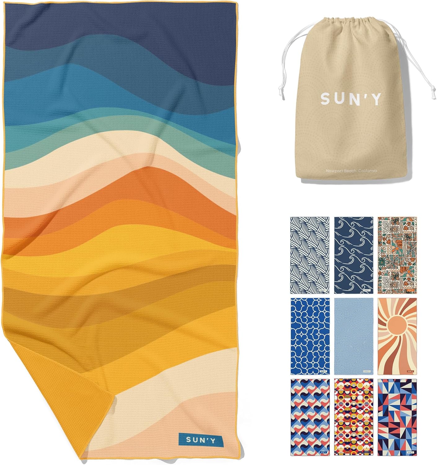 SUN'Y Waffle Microfiber Beach Towel – Sand Free, Quick Dry, Ultra Absorbent, Lightweight & Compact Travel Towel with Carry Bag - Large (63” x 31.5”), Boho