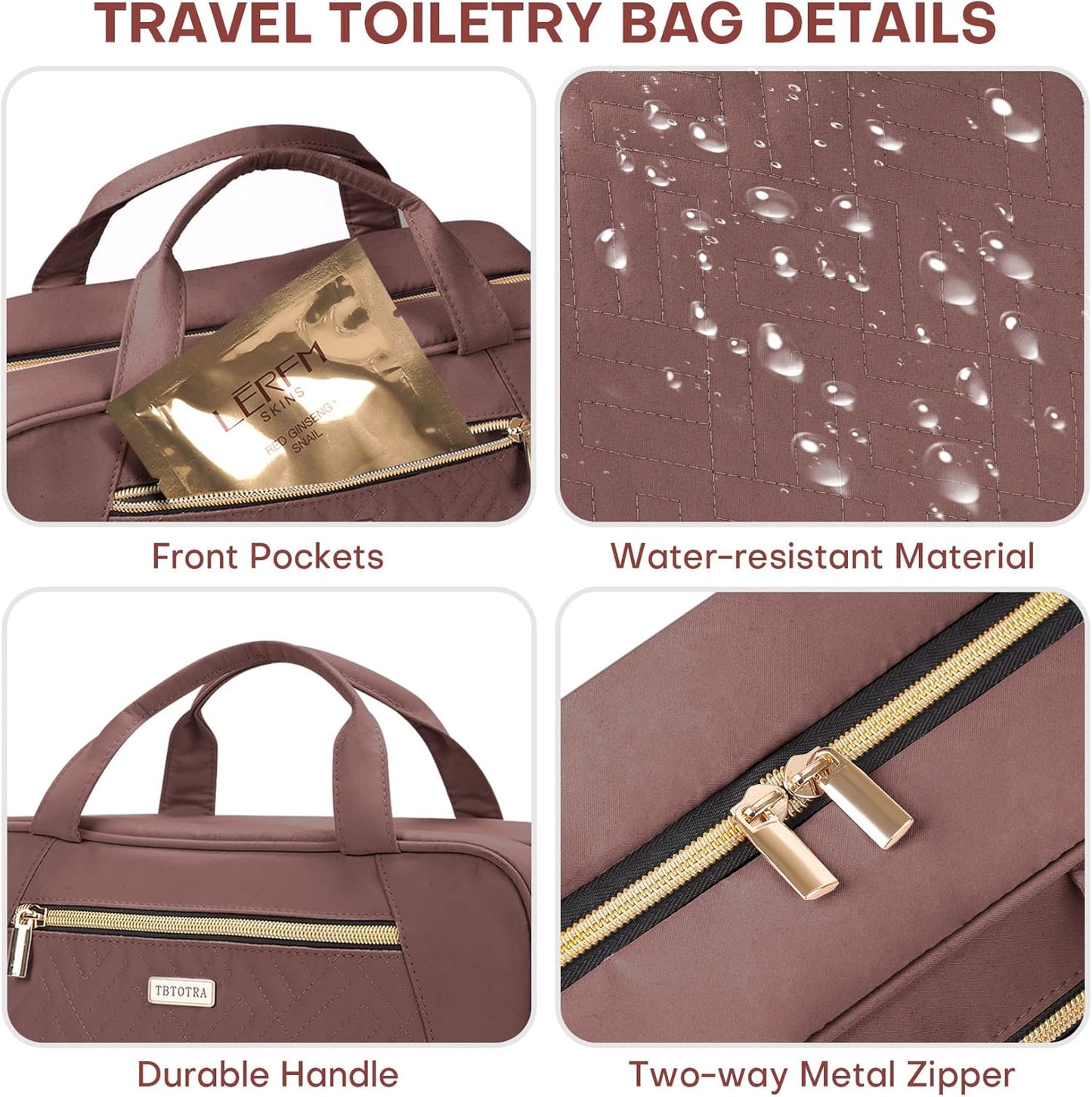 Hanging Toiletry Bag for Women Travel, 2 Sizes Large & Small Waterproof Cosmetic Organizer with 4 Compartments, Rotating Hook, Foldable Pink Travel Bag for Toiletries & Makeup Red Sandalwood