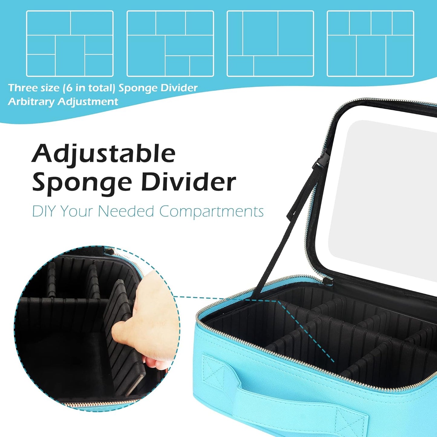 MOMIRA Travel Makeup Bag Cosmetic Bag Makeup Organizer Bag with Lighted Mirror, Adjustable Brightness in 3 Color Scenarios, Waterproof Makeup Train Case, Gift for Women - Diamond Blue