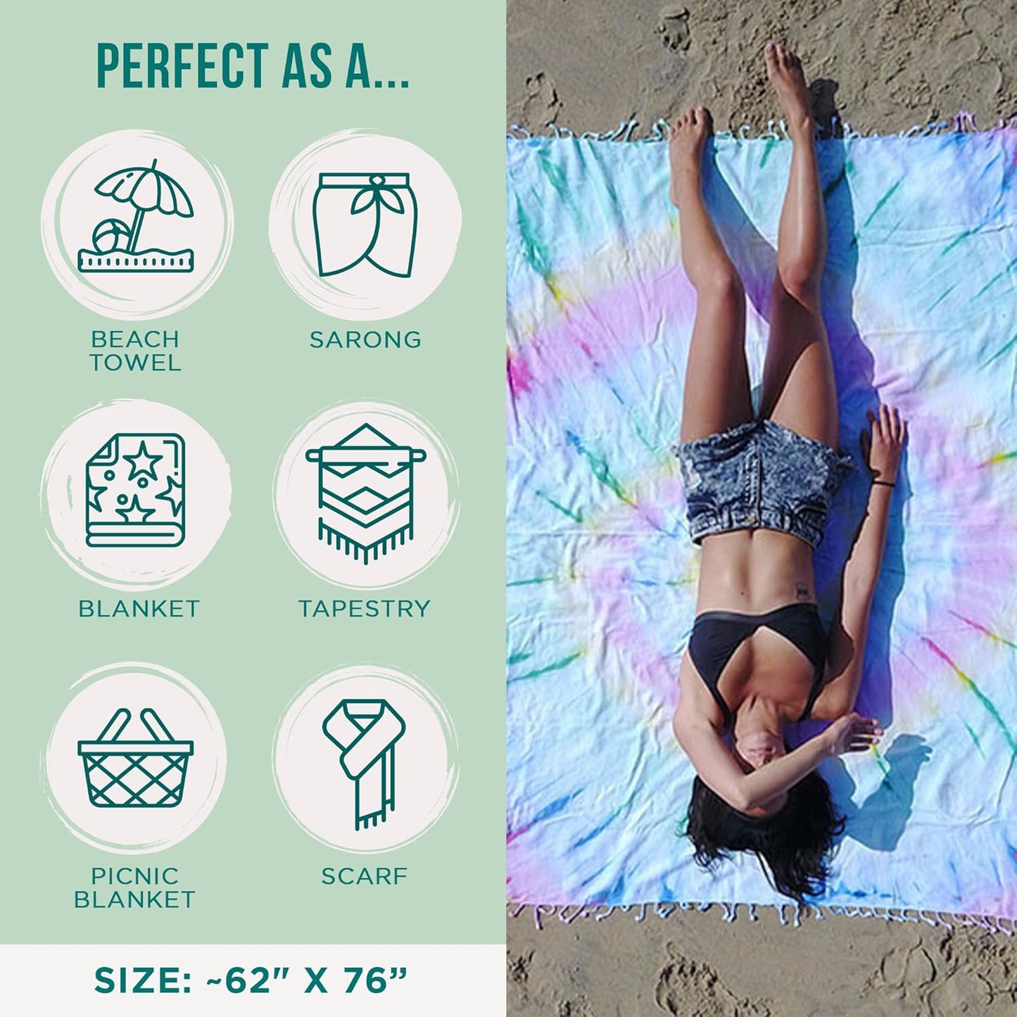 Sand Cloud Extra Large Turkish Beach Towel - Sand Free - 100% Organic Turkish Cotton Yarn - Quick Dry Towel for Beach, Picnic Blanket or Throw - As Seen on Shark Tank - Tie Dye (Wanderlust)
