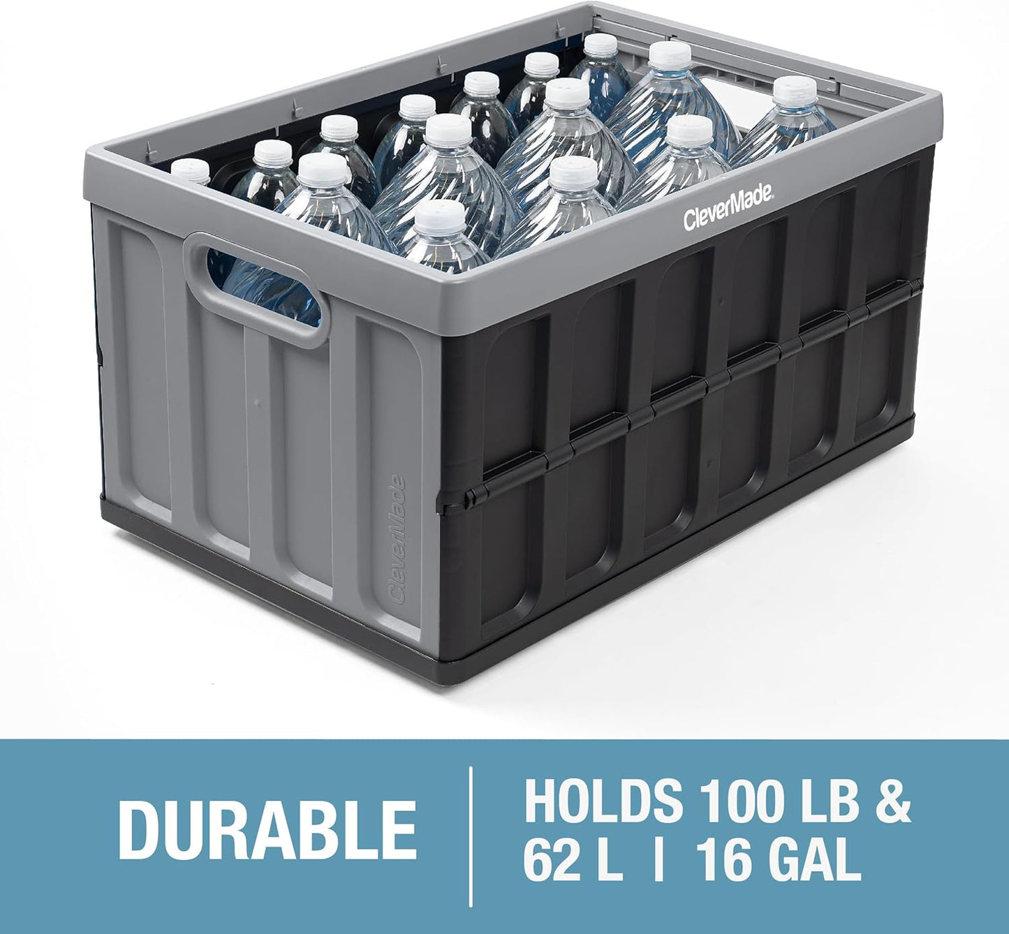 CleverMade Collapsible Storage Bins - Ocean 3 Pack 62L / 16 Gal holds 75 lbs - Stackable Containers Heavy Duty Capacity Crates Space-Saving