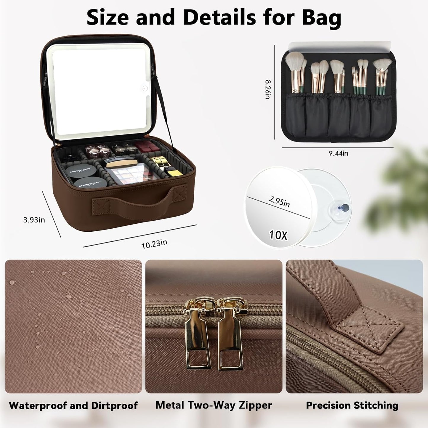 Travel Makeup Bag with LED Mirror and 10x magnifying glass with 3 Lighted Settings, Adjustable Dividers and Makeup Brush Storage Bag Mocha