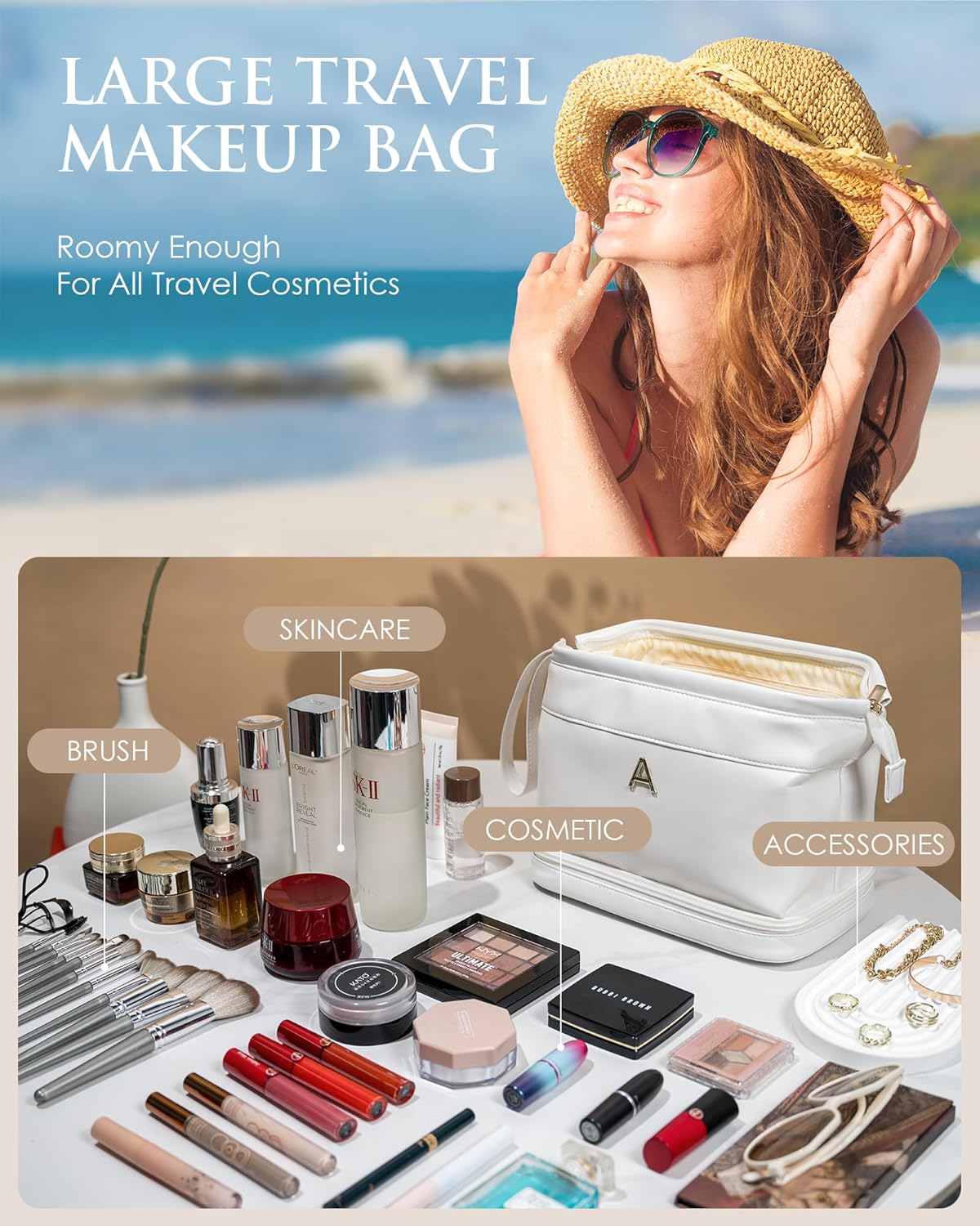 Popular Teen Girl Stuff, Trendy Stuff Makeup Bag, Essentials For Girls Cosmetic Bag with Makeup Brush Organizer, Waterproof, Large Capacity PU Leather Toiletry Bag, Friend gifts