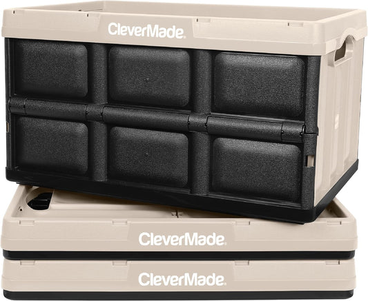 CleverMade Collapsible Storage Bins - Tan 3 Pack 46L - Stackable Containers Heavy Duty Capacity Folding Crates - Space-Saving for Home