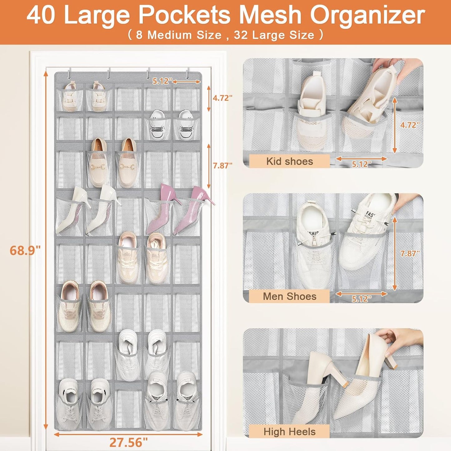 FENTEC 40 Large Pockets Over The Door Shoe Organizer, Mesh Hanging Shoe Organizer Shoe Rack for Closet Mesh Closet Shoe Holder, Over Door Organizer, Shoe Organizer for Wall, Grey, 1 Pack