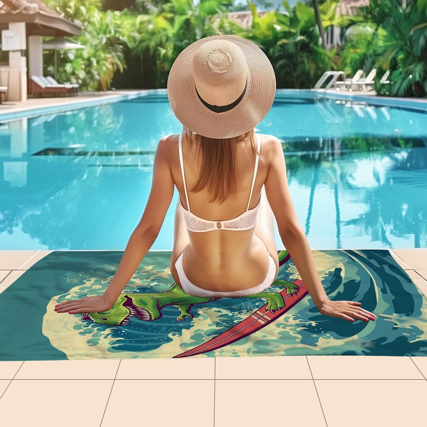 WZOMT Kids Dinosaur Beach Towel, Microfiber Dinosaurs Towels for Boys Toddler, Funny Green Dinosaur Surfing on Blue Wave Ocean Dino Bath Towel for Swim Pool Travel, Oversized 32x52 Inch