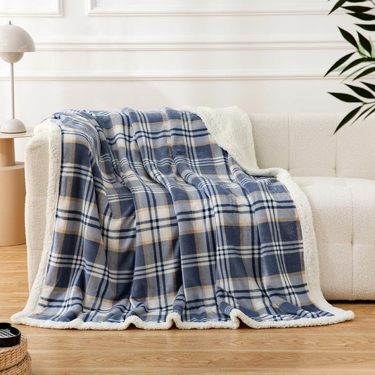 PU MEI Sherpa Blanket Twin Plaid Thick Bed Blanket, 60”*80” Super Soft Flannel Fuzzy Fleece Reversible Velvet Plush Warm Blanket for Couch (Blue White Check)