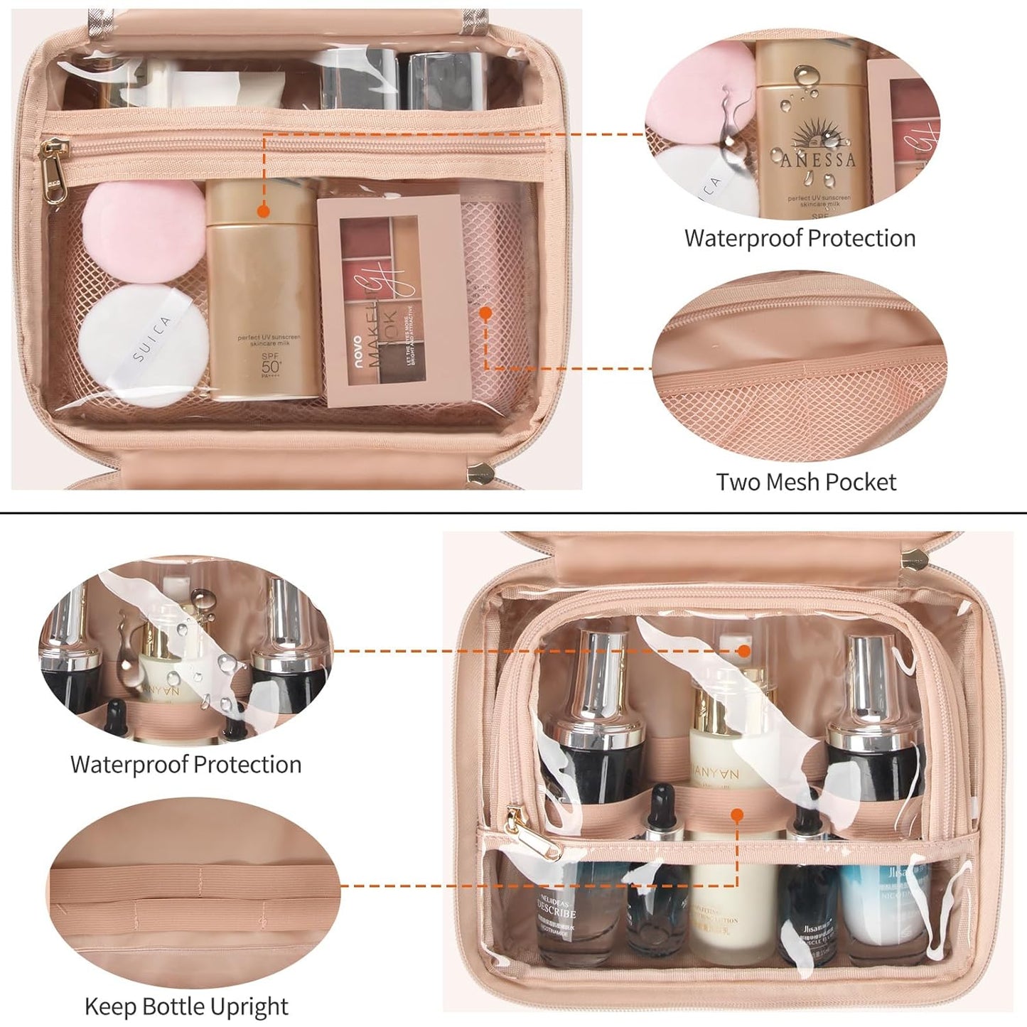 Toiletry Bag for Women - Hanging Travel Toiletry Bag with 360° Hook 3 Compartments Makeup Organizer with Portable Handle PU Leather Water-resistant Cosmetic Pouch