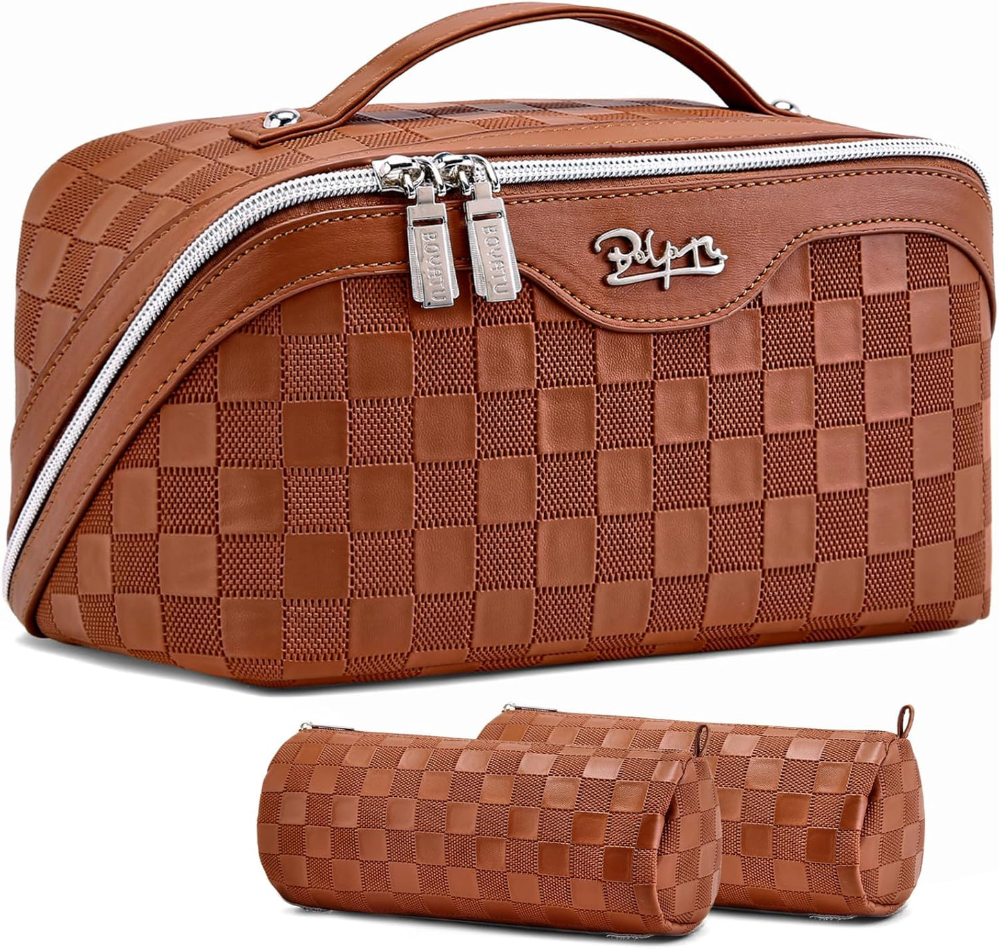 Travel Makeup Bag Organizer Cosmetic Bag: 3 Pcs Set Make up Bags for Women with Handle - Waterproof Vegan Leather Toiletry Bags with Comparments (C-10-Brown)