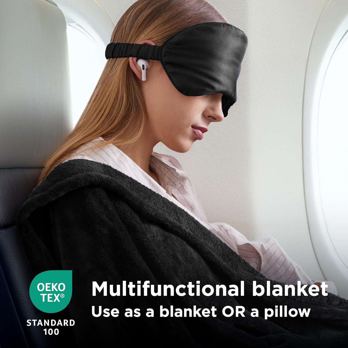 Bedsure Travel Blanket Airplane Compact with Storage Bag, Packable Blanket with Eye Mask, Lightweight 2-in-1 Travel Essentials, Functioned as Pillow for Airplane Comfort and Warmth, Black