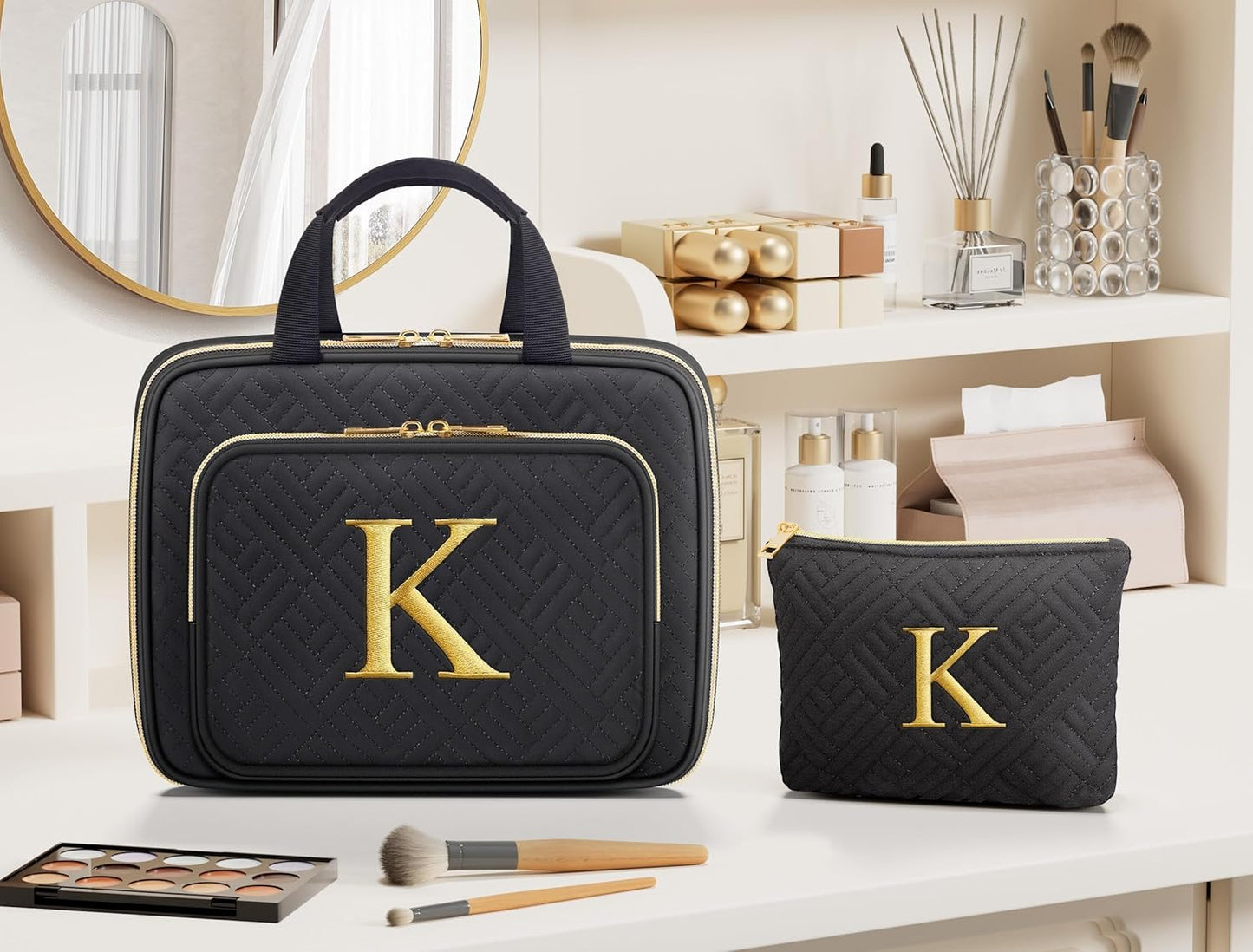 Personalized Gifts for Women, Initial Toiletry Bag Hanging Travel Organizer & Makeup Cosmetic Bag with Embroidery Letter Teacher Appreciation Gift Birthday Mothers Day Gifts for Mom Wife Friend Sister