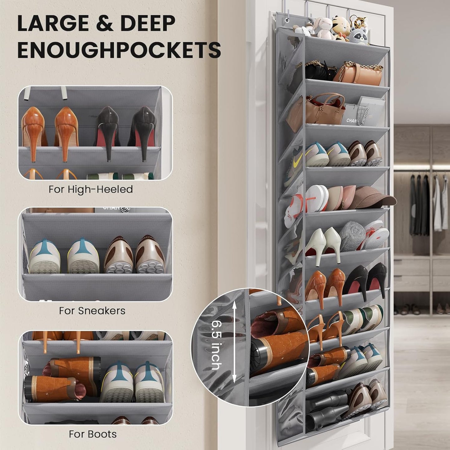 Over the Door Shoe Organizer for Closet, Shoes Rack with 10 Tier PVC Window Deep Pockets, Hanging Shoe Organizers for Boot Storage, Behind the Door Narrow Shoe Holder for Small Shoes, Grey