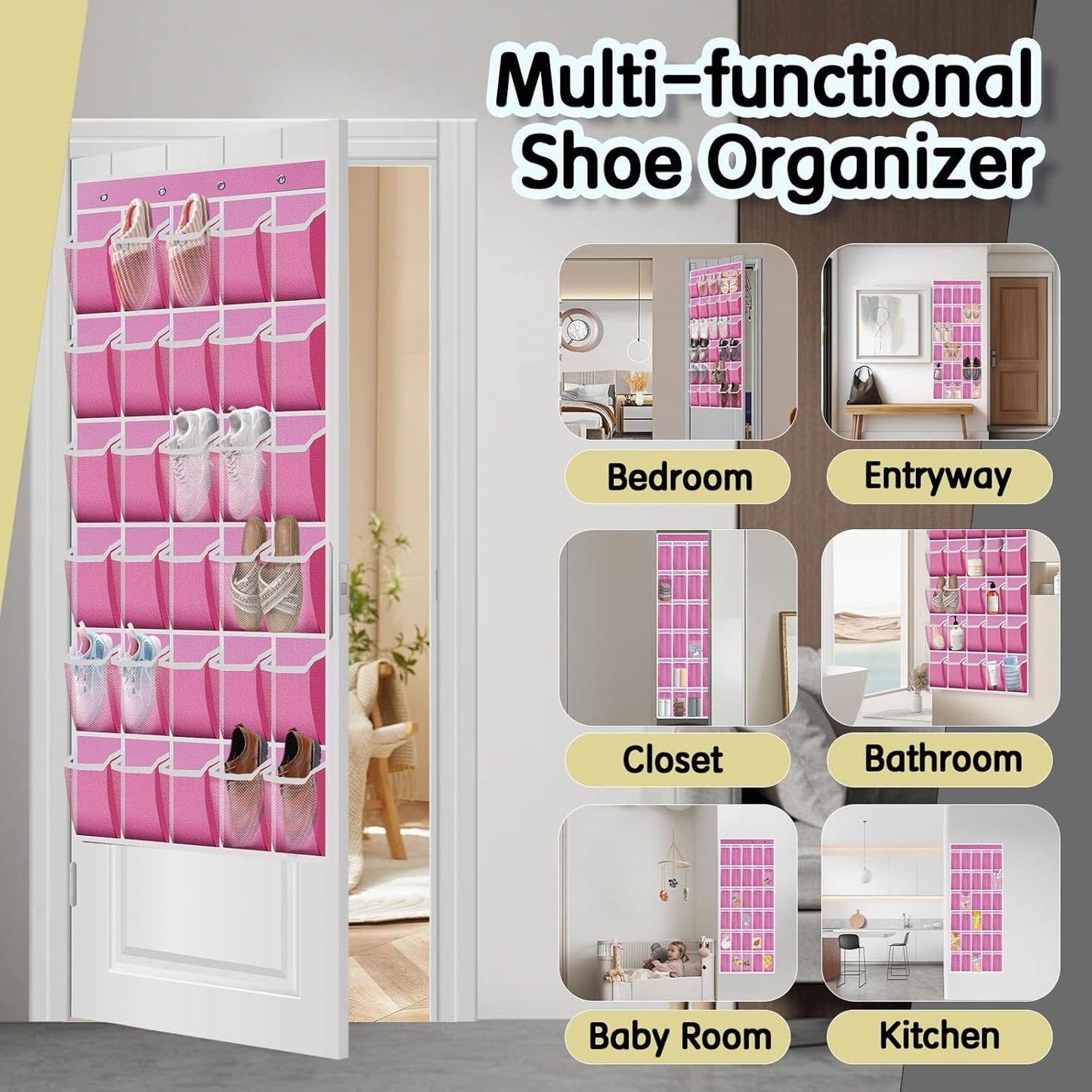 Over the Door Shoe Organizer with 30 Breathable Mesh Pockets - Large Capacity Closet Storage for Men & Women, Hanging Shoe Rack Organizer -Pink