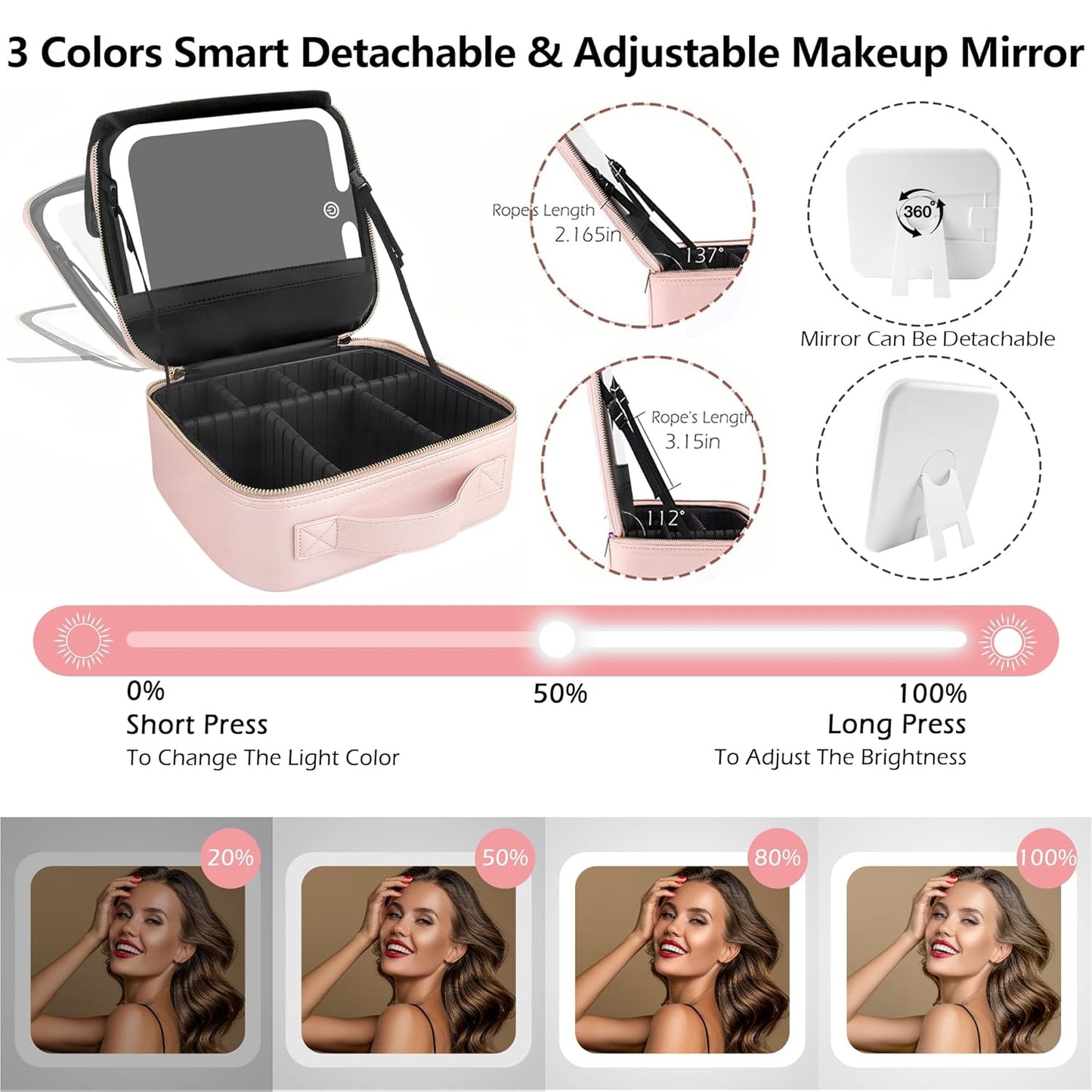 MOMIRA Travel Makeup Bag Cosmetic Bag with Lighted Mirror, Adjustable Brightness in 3 Color Scenarios, Waterproof, 10x Magnifying Mirror, Rotatable Independent Light Mirror- Phosphor(Solid)