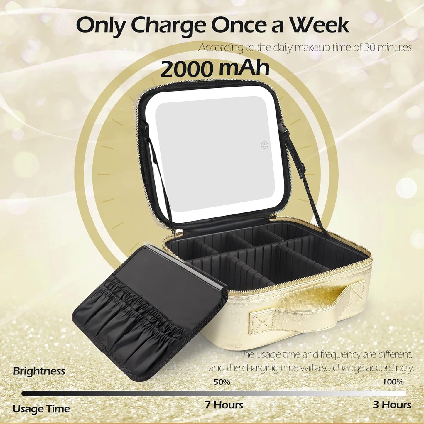 MOMIRA Makeup Bag with Mirror and Light Travel Makeup Train Case Cosmetic Bag Organizer Portable Artist Storage Bag with Adjustable Dividers Makeup Brushes Storage Organizer Golden