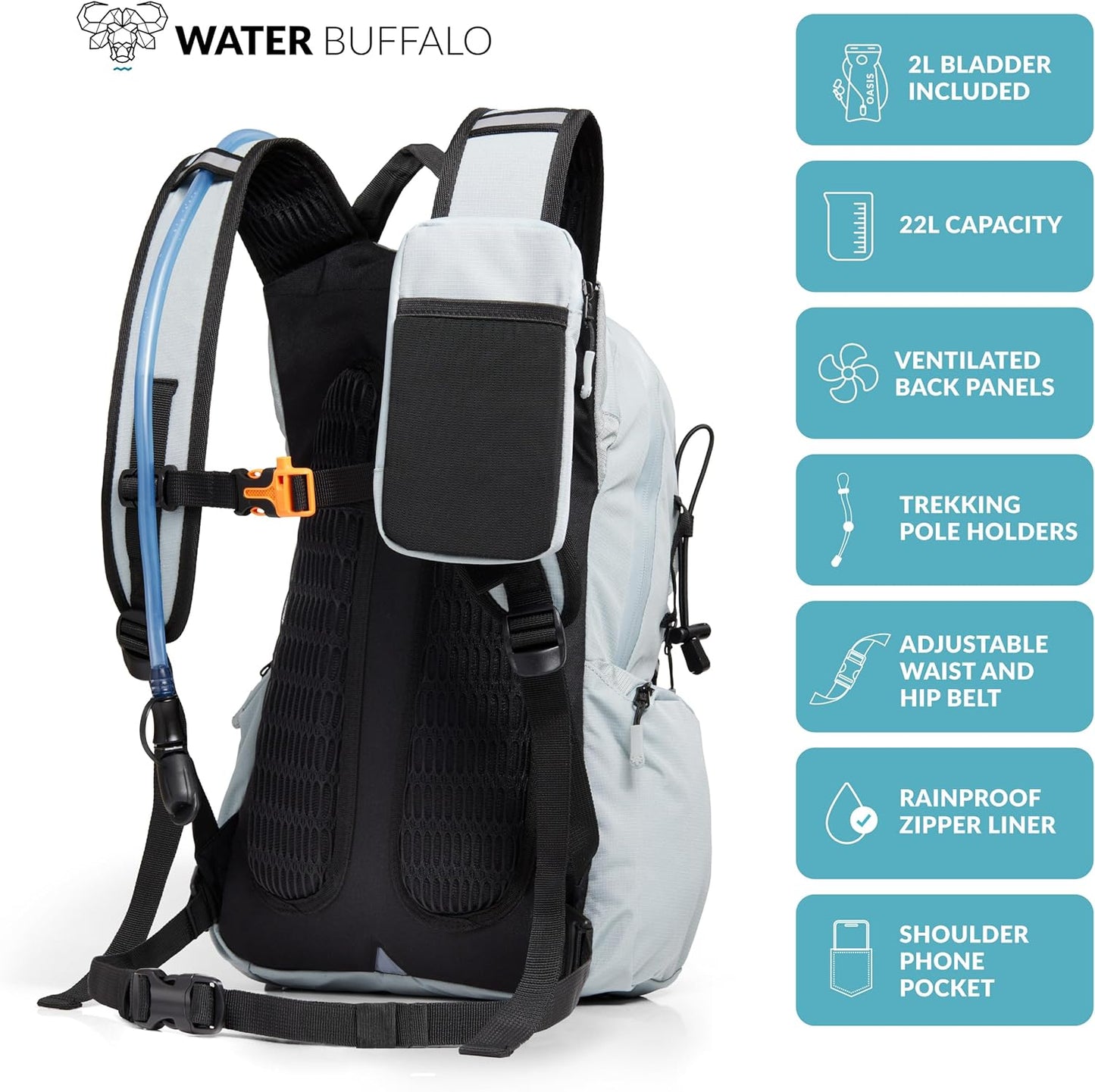 Water Buffalo Hydration Backpack - Sherpa 22L Hiking Backpack with Water Bladder - Water Backpack for Hiking with Waterproof Zippers, Phone & Pole Holders
