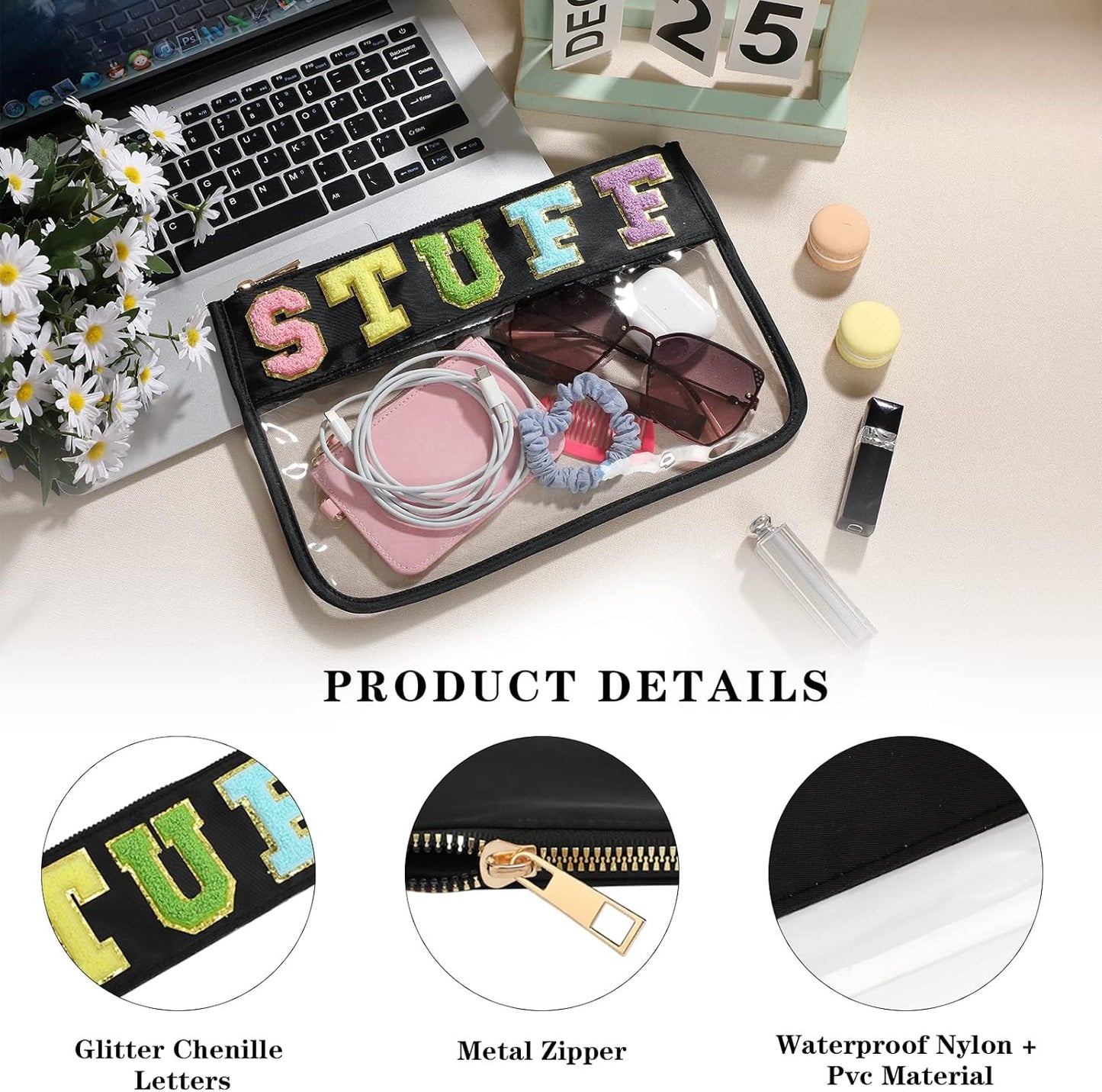 DYSHAYEN Chenille Letter Clear Zipper Pouch for Travel,Nylon Clear Cosmetic Bag,Makeup Travel Bag for Women Girls 11.8 Inches x 8.2 Inches