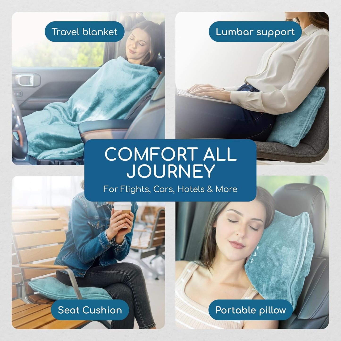 Resty 65"x40" Traveling Airplane Blanket, Baby Blue – Lightweight, Velvety Soft Blanket That Becomes a Travel Pillow – Must-Have Comfort for Planes & Road Trips – Travel Essentials for Women & Men