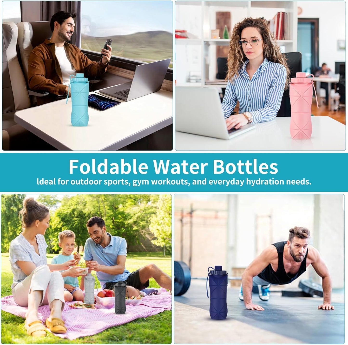 Silicone Collapsible Water Bottles,Lightweight Reusable Leakproof For Traveling Camping Hiking Cycling Sports Outdoor,Foldable Portable Travel Water Bottle 600ML Dark Grey And Dark Blue 2Pack.