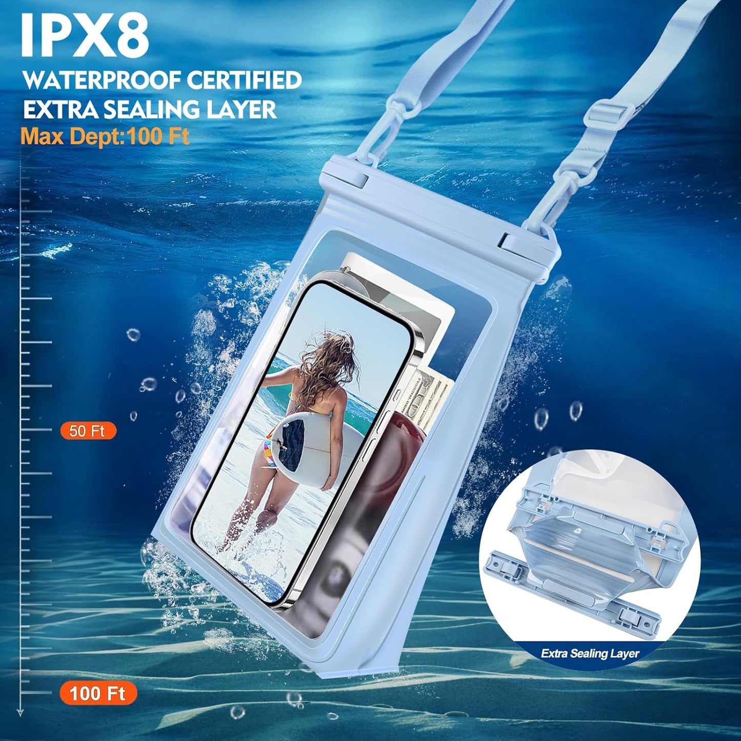 Large Waterproof Phone Pouch Floating, [Double Seals] IPX8 Waterproof Pouch for Beach Vacation, Cell Phone Dry Bag for iPhone Samsung Google All Phones Light Blue