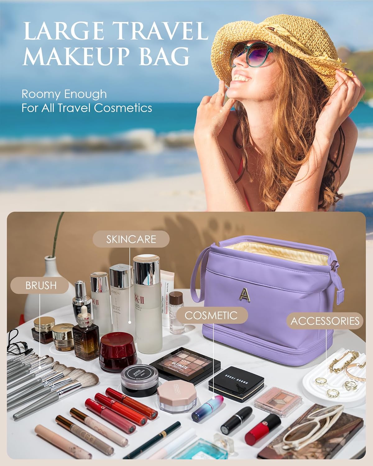 Wedding Gift Initial Makeup Bag, Personalized Double Layer Cosmetic Bag with Makeup Brush Organizer, Waterproof, Large Capacity PU Leather Travel Toiletry Bag Retirement Gifts, Daughter Gifts