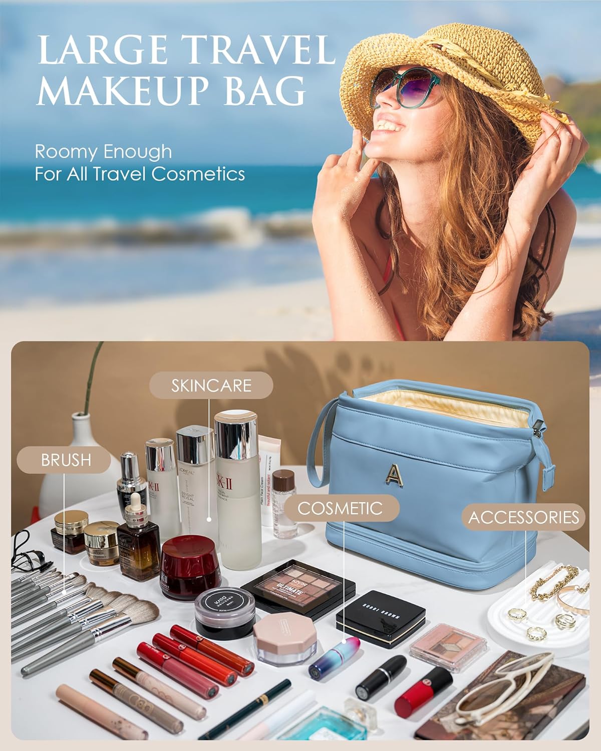 Initial Makeup Bags, Friend Gifts, Personalized Double Layer Cosmetic Bag with Makeup Brush Organizer, Waterproof, Large Capacity PU Leather Travel Toiletry Bag, Birthday Gifts for Girls