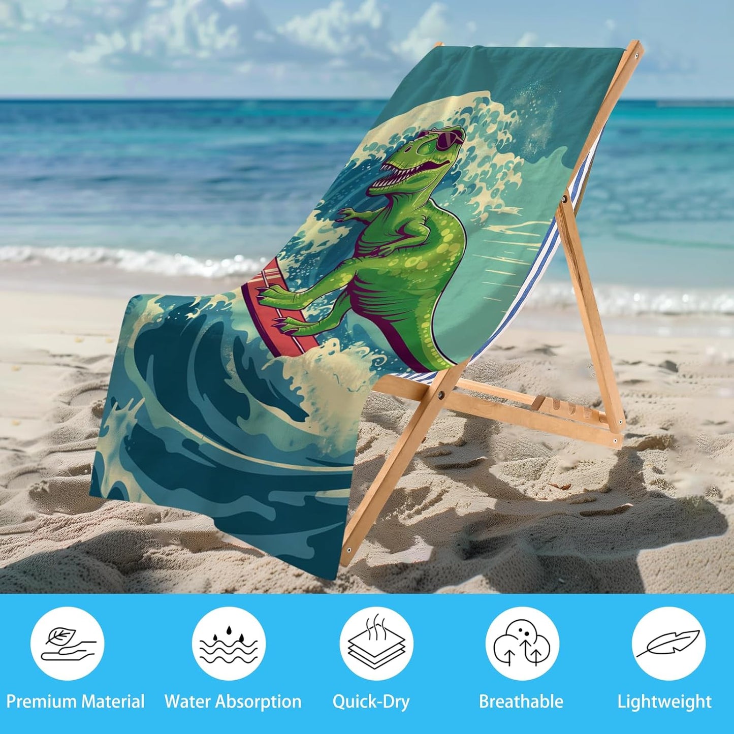 WZOMT Kids Dinosaur Beach Towel, Microfiber Dinosaurs Towels for Boys Toddler, Funny Green Dinosaur Surfing on Blue Wave Ocean Dino Bath Towel for Swim Pool Travel, Oversized 32x52 Inch