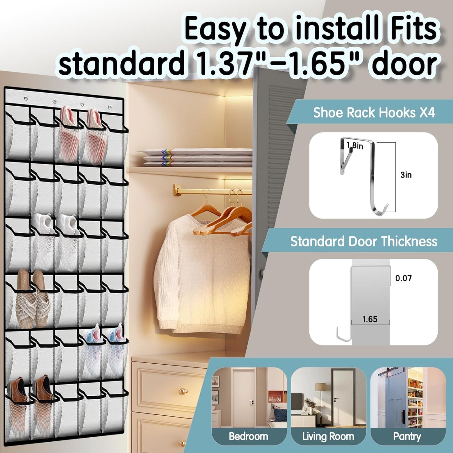 Over the Door Shoe Organizer with 30 Breathable Mesh Pockets - Large Capacity Closet Storage for Men & Women, Hanging Shoe Rack Organizer (White)