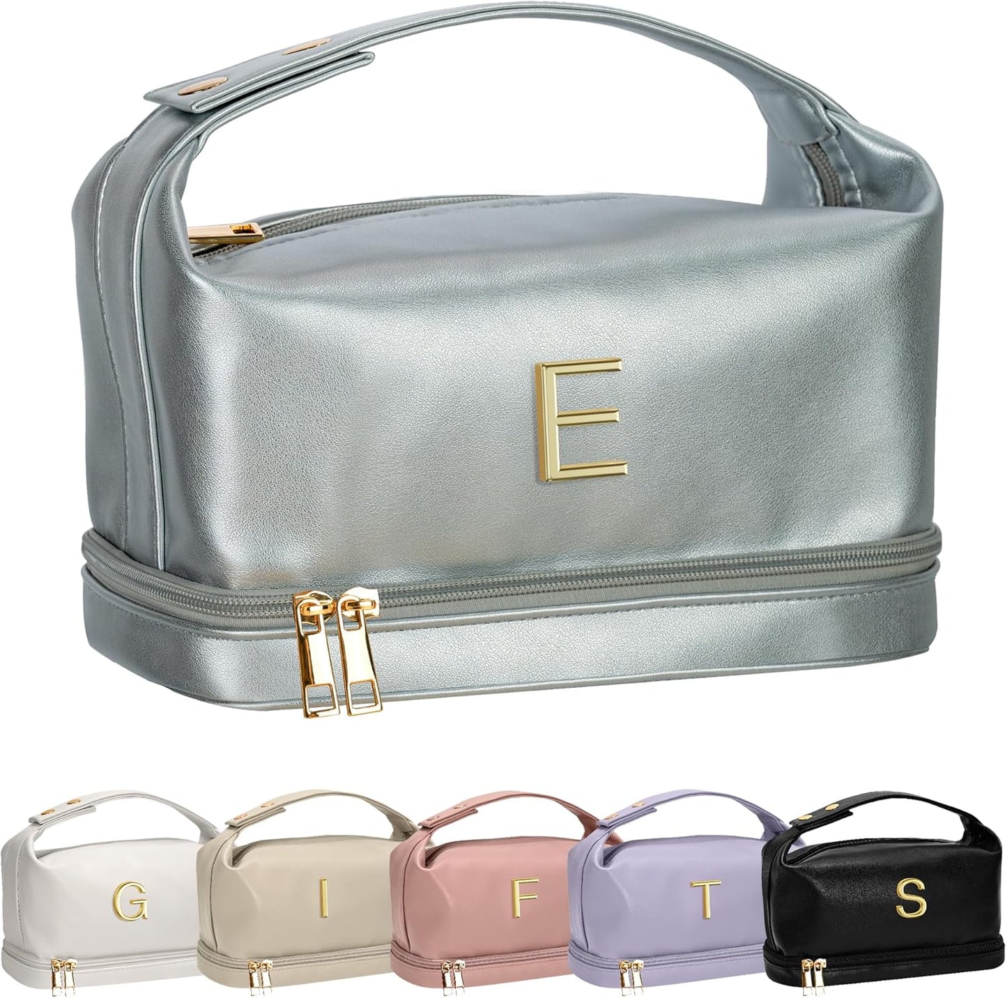 Makeup Bag For Teens 16-18, Personalized Makeup Bag with Handle, Initial Double Layer Cosmetic Bag with Makeup Brush Organizer, Cute Cosmetic Pouch for Women, Gifts for Friends Female Mom