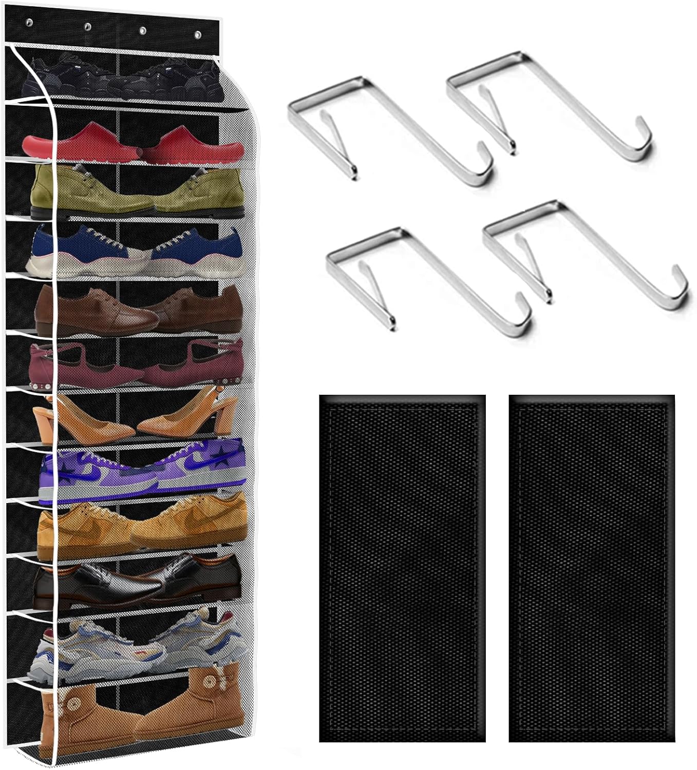 12 Pocket Over the Door Shoe Organizer,Reusable Breathable Large Mesh Bag Men's & Women's Sneaker Organizer,Shoe Organizer for Kids,Hanging Shoe Storage Hanging Bag (Black)