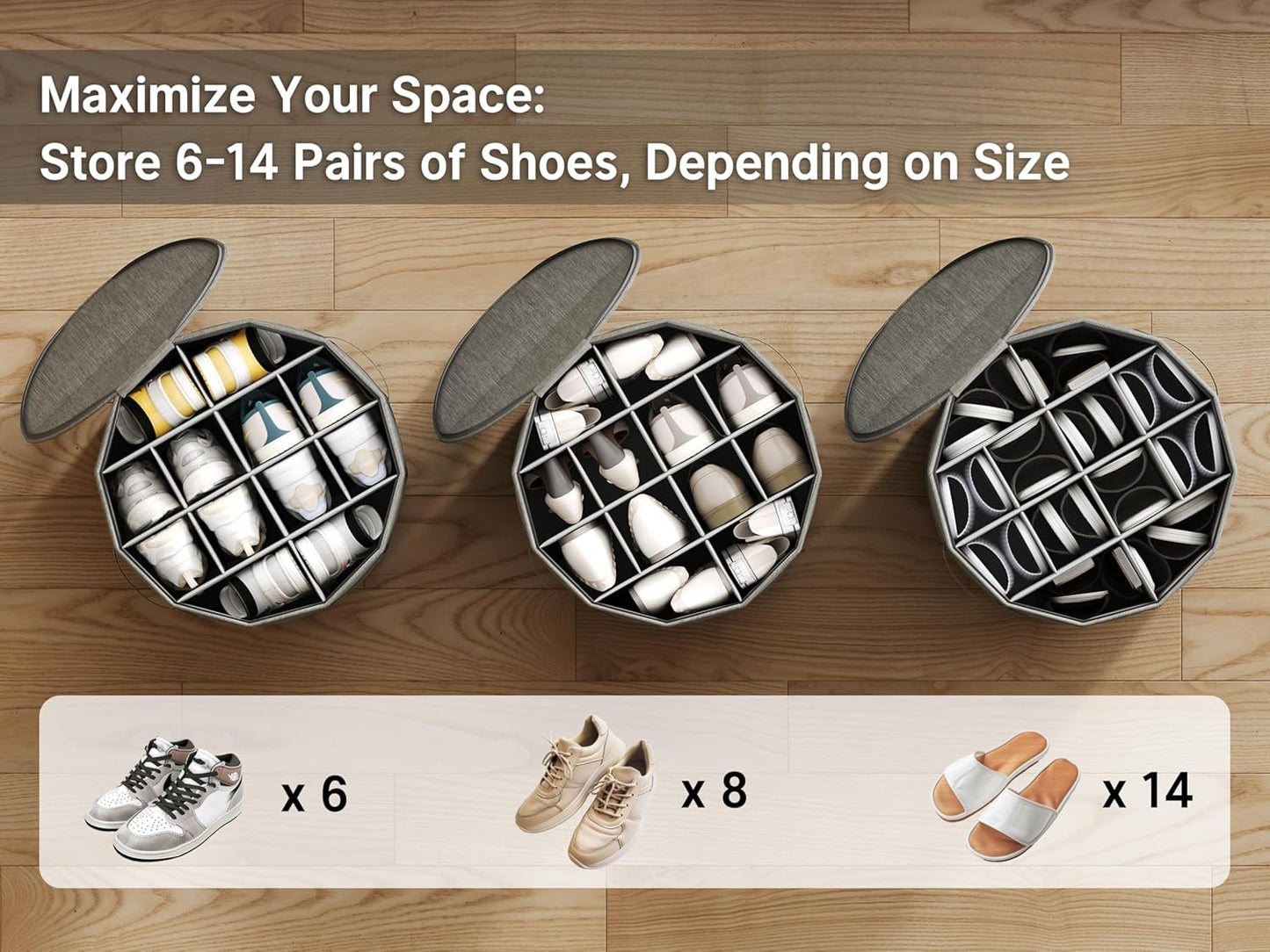 Vailando Shoe Organizer for Closet - Cylindrical Shoe Storage Organizer with Removable Dividers, Rectangular Compartment, Foldable, Gray, 1-Pack