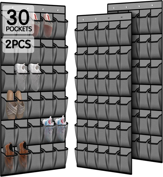 2PCS Over the Door Shoe Organizer with 30 Breathable Mesh Pockets - Large Capacity Closet Storage for Men & Women, Hanging Shoe Rack Organizer -Gray