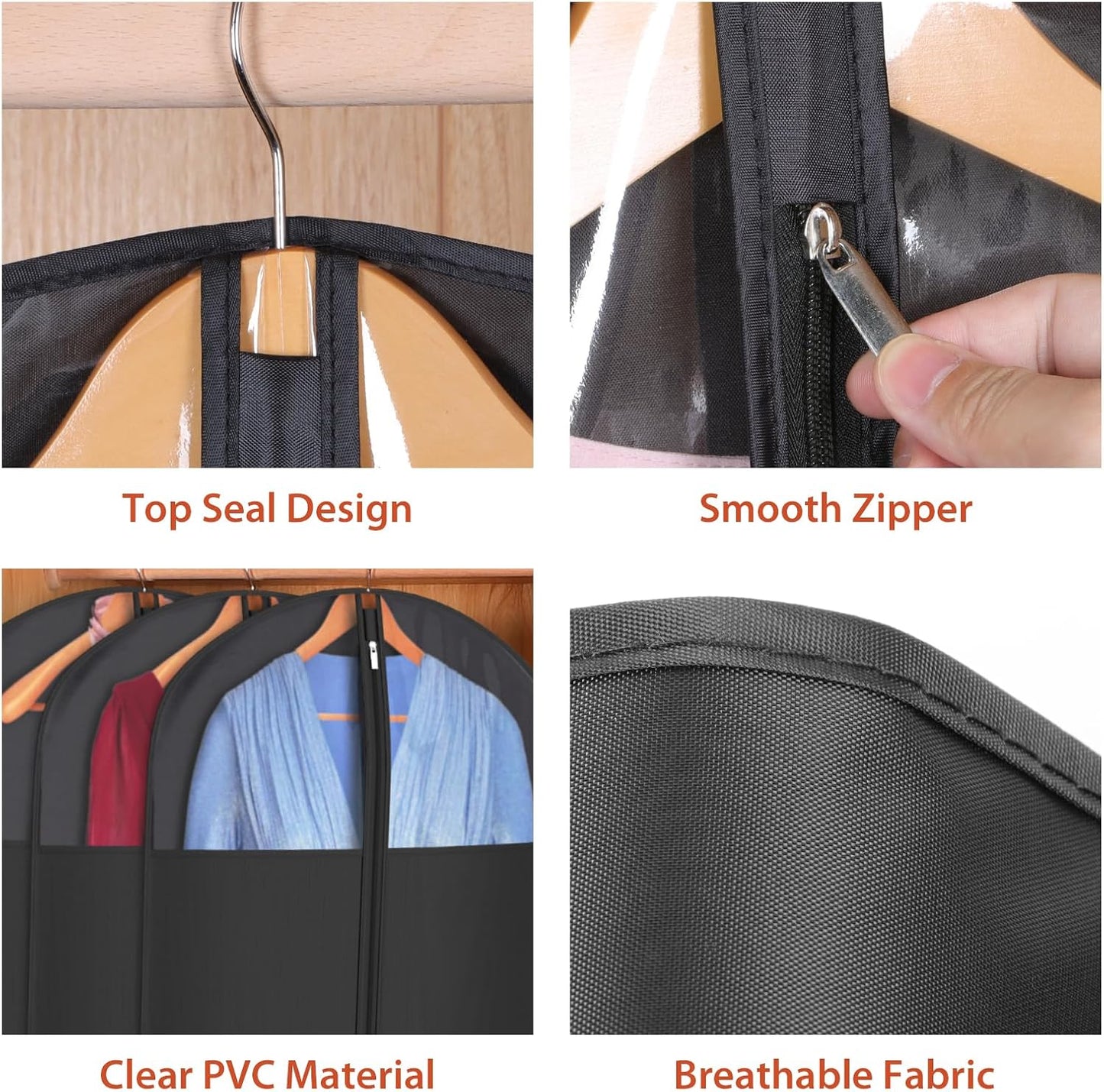 Univivi Garment Bag Suit Bag for Hanging Clothes, 40" Lightweight Full Zipper Washable Suit Cover with Large Visible Window for Suit Coat, Jacket, Sweaters (Set of 6), Black