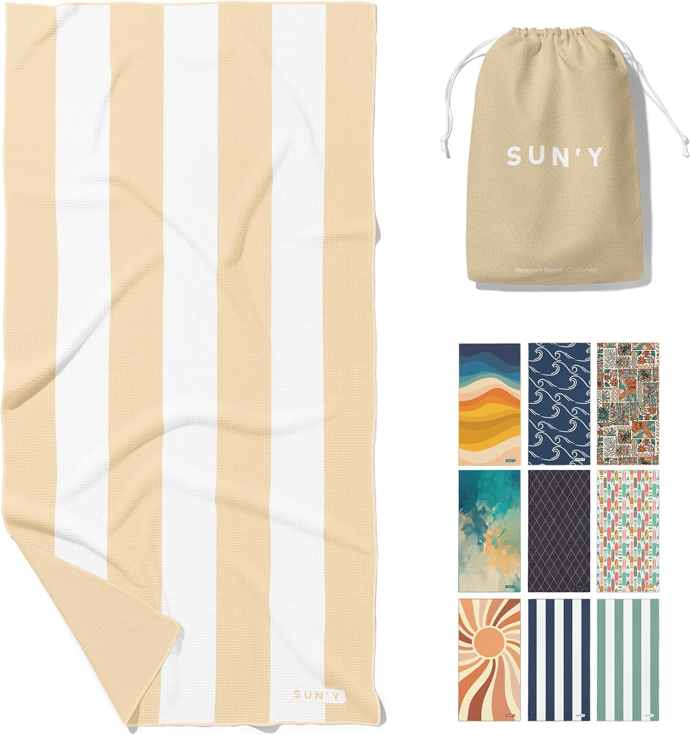 SUN'Y Waffle Microfiber Beach Towel – Sand Free, Quick Dry, Ultra Absorbent, Lightweight & Compact Travel Towel with Carry Bag - Large (63” x 31.5”), Natural Sand