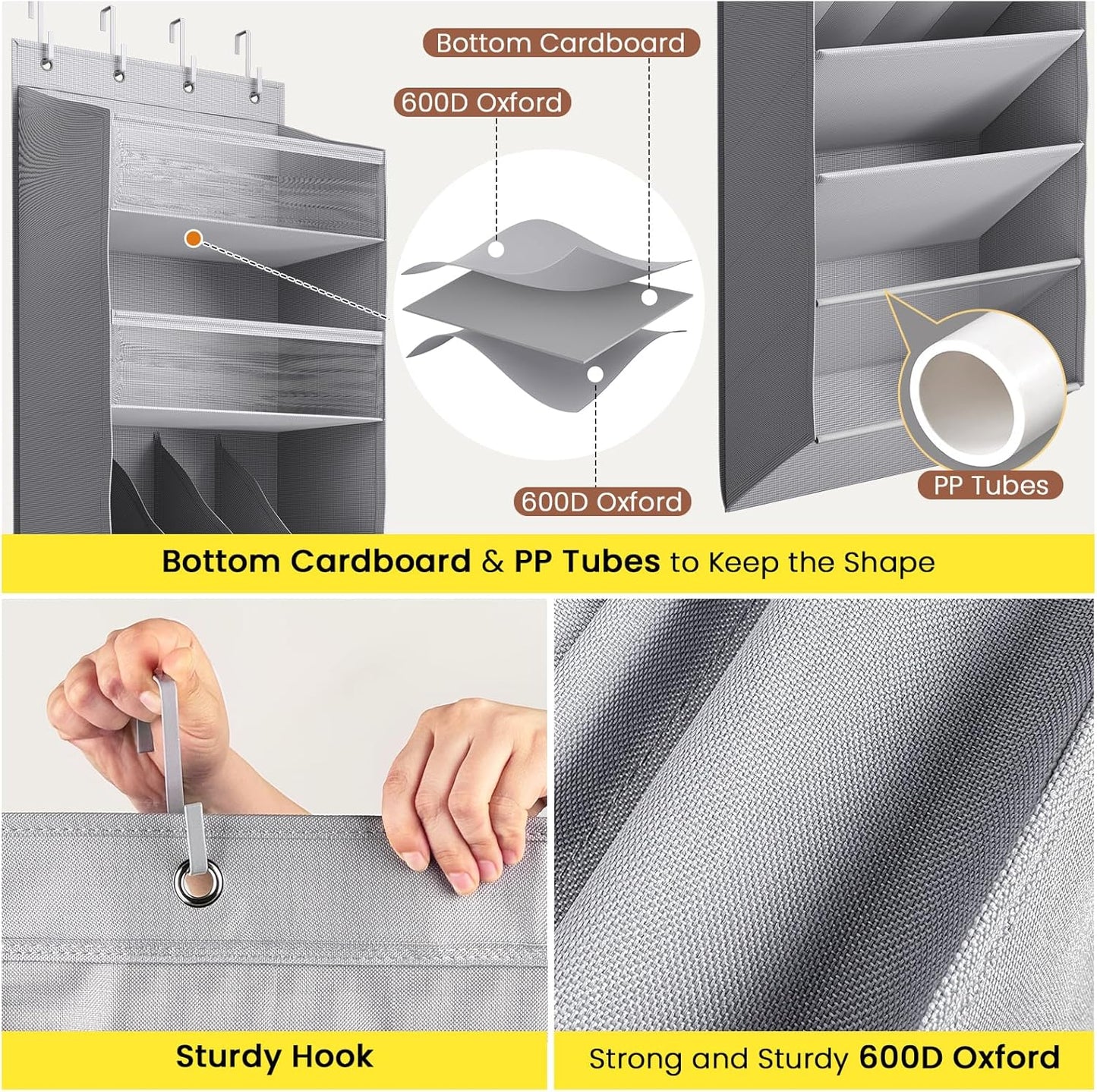 Over the Door Shoe Organizer for Closet, Shoes Rack with 8 Tier Large Deep Pockets, Hanging Shoe Organizers for Boot Storage, Behind the Door Narrow Shoe Holder for Small Shoes, Grey