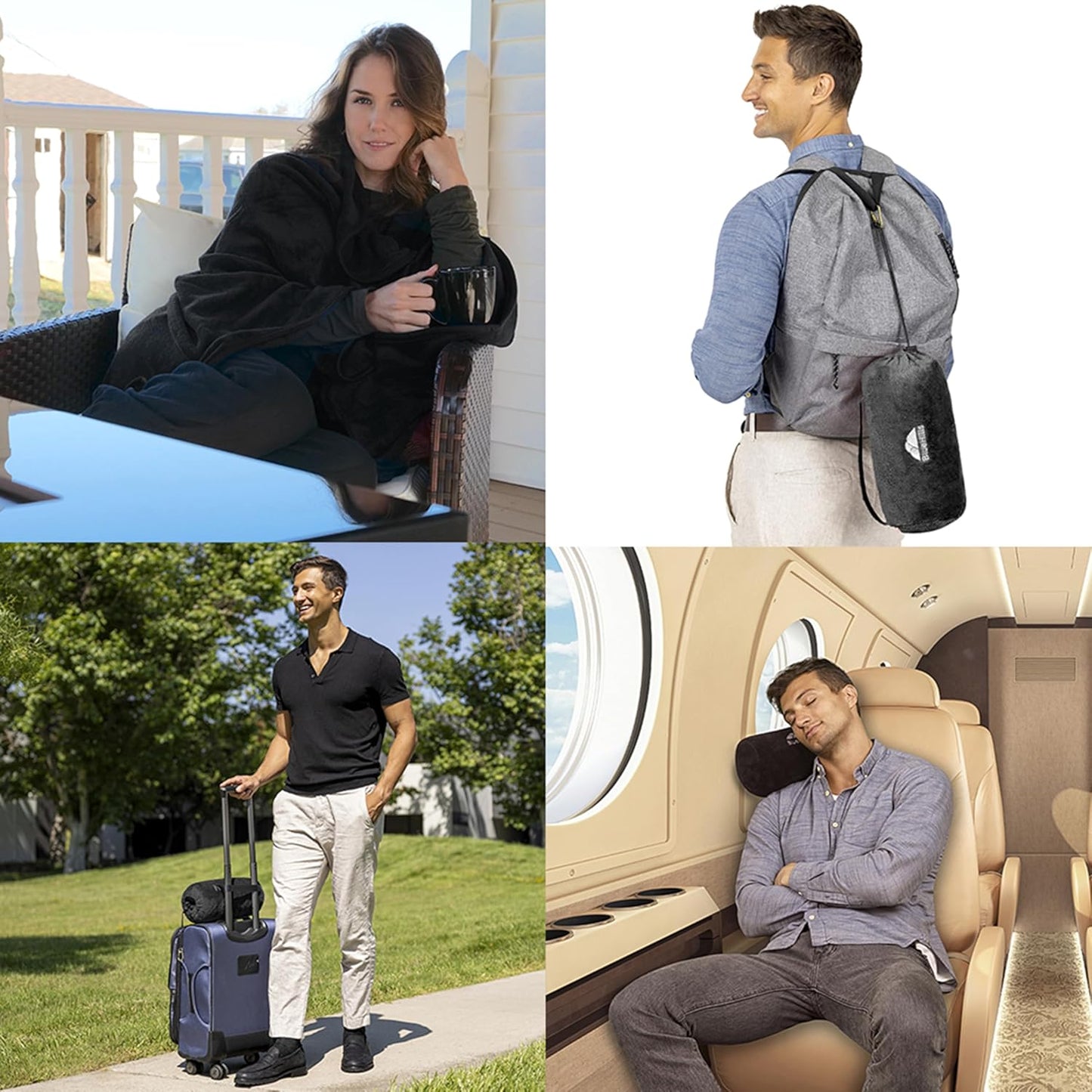 BlueHills Travel Blanket Pillow Rolled Premium Soft Plush Airplane Throw Traveling Accessories Gifts Compact in a Bag 70 X 48 inches Long Plane Flight Portable Lightweight Black R05