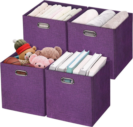 Storage Basket Bins,13×13×13 Foldable Storage Cube Boxes Fabric Drawer for Closet Shelf Cabinet Bookcase - Set of 4, Purple