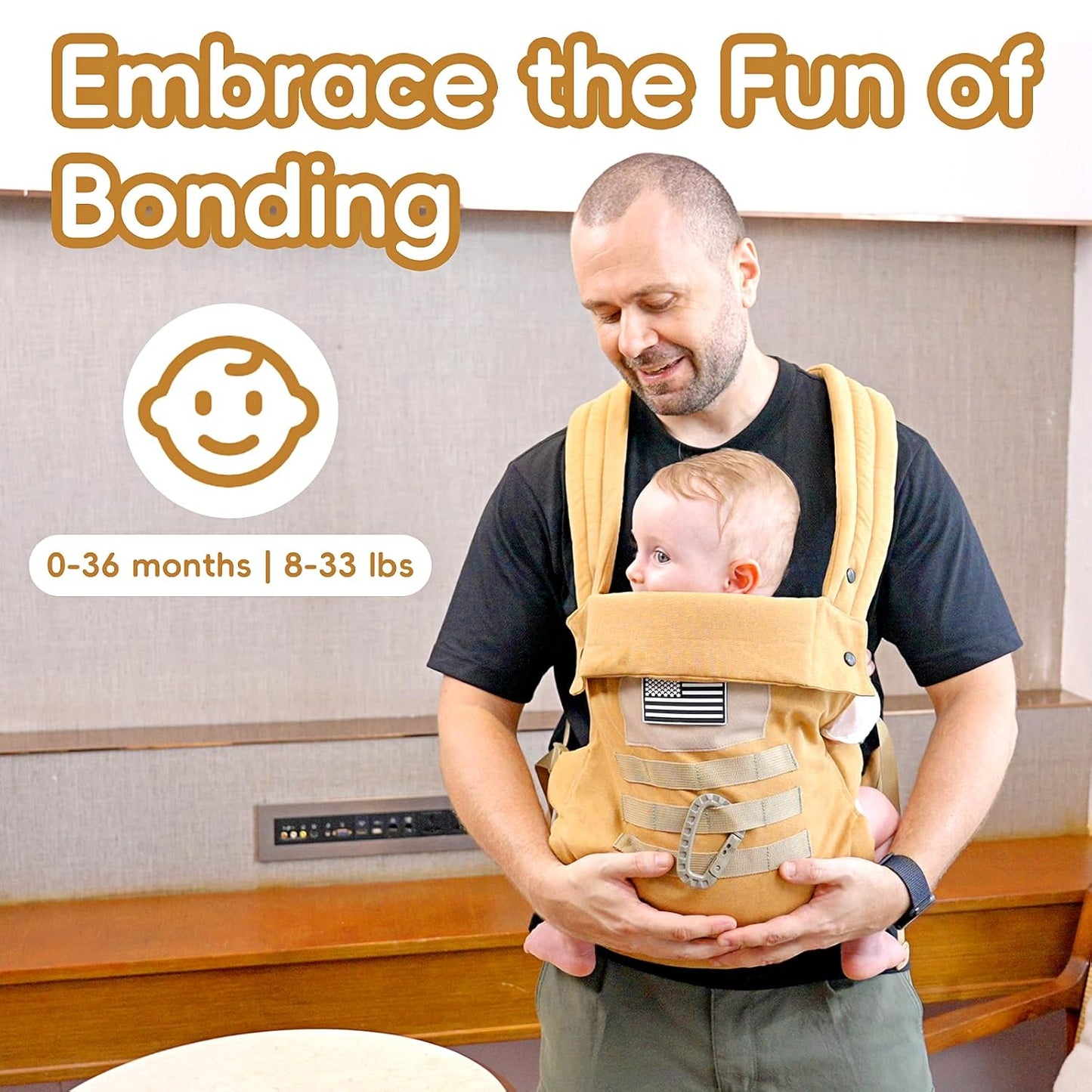 Baby Carrier, Lumbar Support Infant Carrier (0-36M, 8-33 lbs) with Foldable Headrest Carabiners for Big and Tall Parents, Men, Women (Yellow)