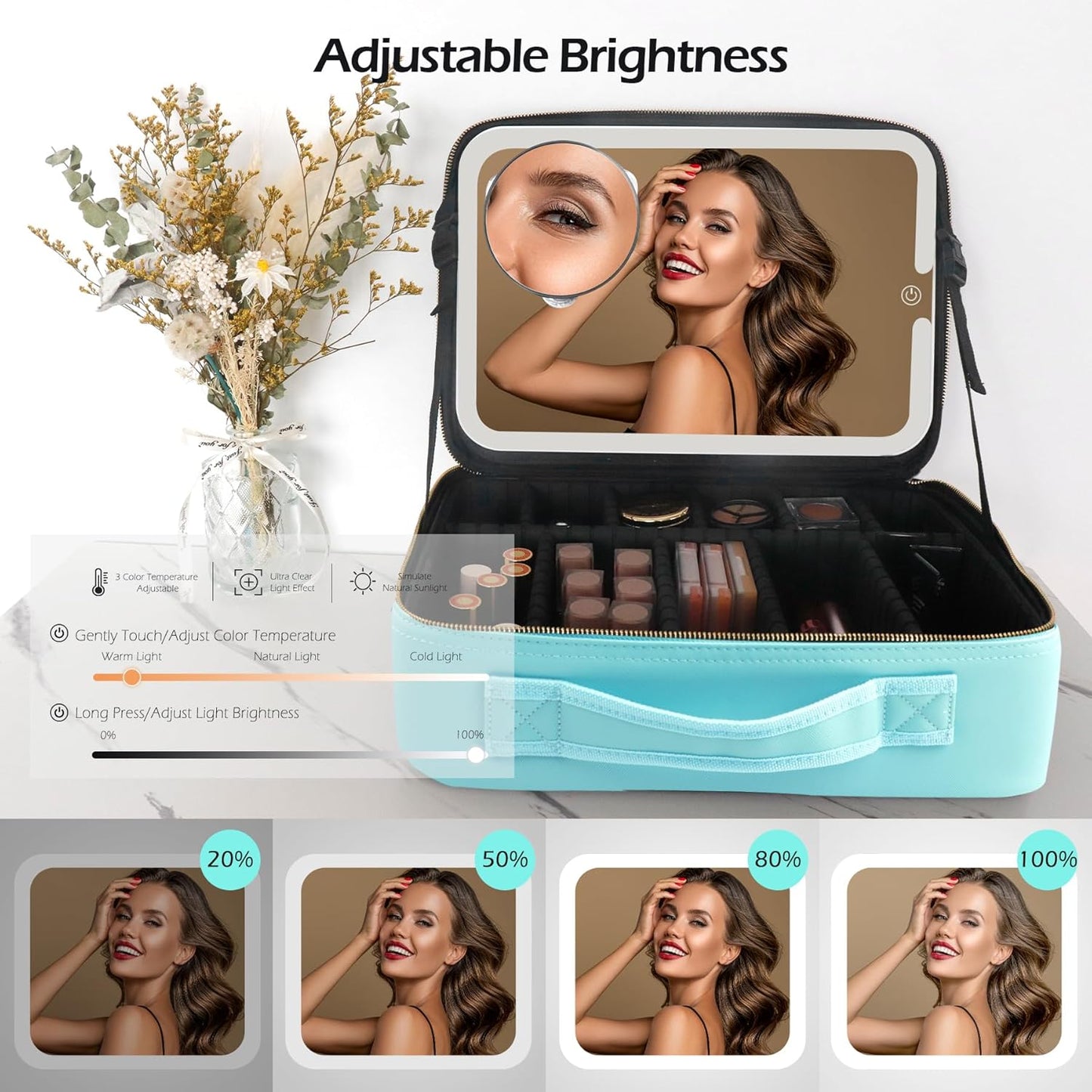 MOMIRA Travel Cosmetic Train Case with Lighted Mirror 3 Color Scenarios Cosmetic Bag Organizer with Adjustable Dividers Makeup Storage for Women, Makeup Accessories & Tools Case Aqua Blue