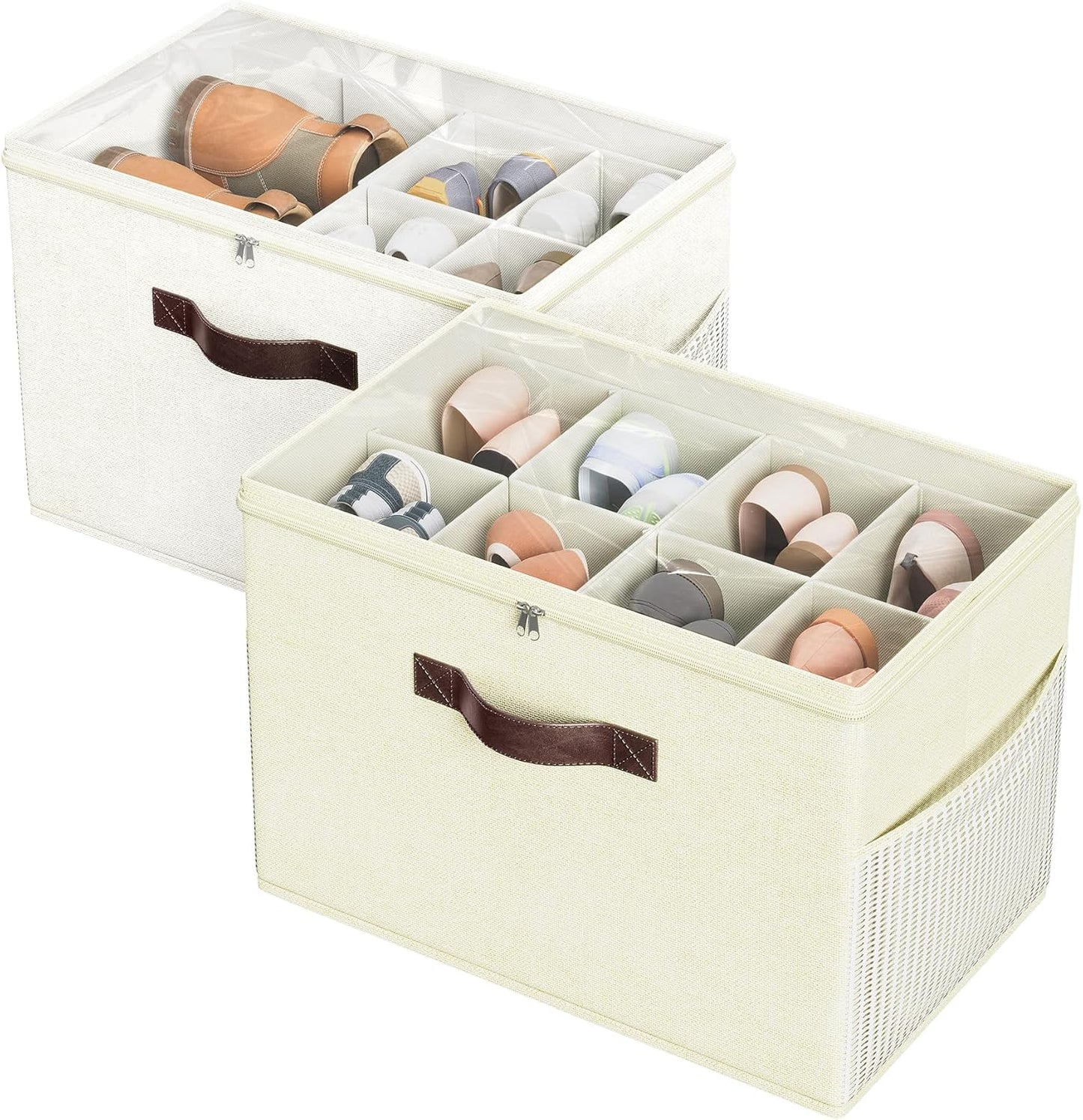 Budding Joy 2 Pack Shoe Organizer for Closet, Clear Foldable Shoe Storage Containers Adjustable Dividers Fits 16 Pairs,Shoe Storage Bins Baskets Boxes with Reinforced Handles Beige Yellow Beige