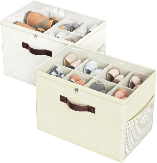 Budding Joy 2 Pack Shoe Organizer for Closet, Clear Foldable Shoe Storage Containers Adjustable Dividers Fits 16 Pairs,Shoe Storage Bins Baskets Boxes with Reinforced Handles Beige Yellow Beige