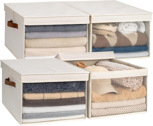 StorageWorks Storage Bins with Lid and Clear Window, Fabric Storage Boxes with Lids, Stackable Basket for Shelves, Closet Organizer and Storage Bins, Beige, Jumbo, 4-Pack