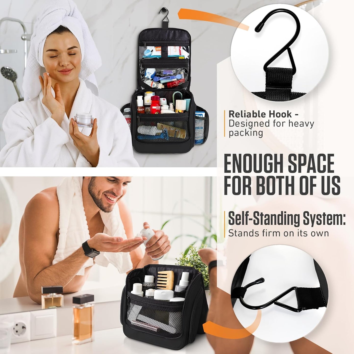 VENTURE 4TH Hanging Travel Toiletry Bag for Women & Men - Travel Organizer with Expandable Compartments & Removable Clear Pouch for Toiletries (Black)