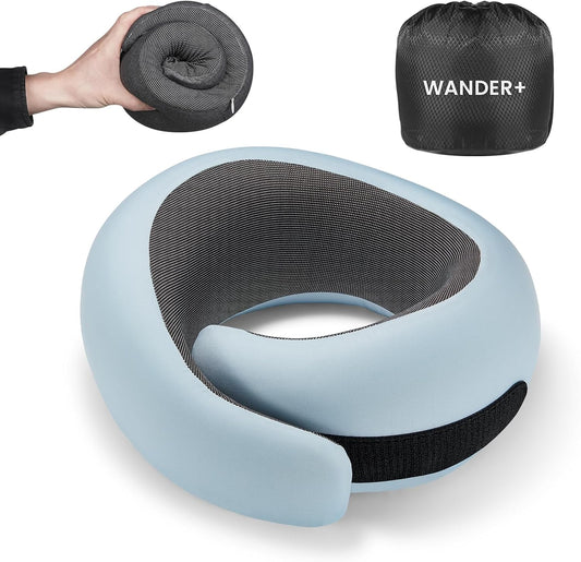 WANDER PLUS® Genuine Travel Pillow, 100% Pure Memory Foam Neck Pillow for Airplanes, Comfortable Breathable Cover, 360° Support Stowable Pillows for Sleeping, Car, Airport Travel Essentials Sky Blue