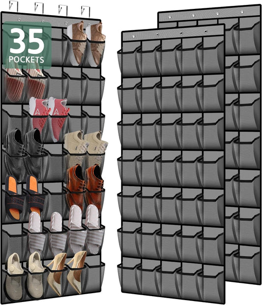 35 Pocket Over the Door Shoe Organizer,Reusable Breathable Large Mesh Bag Men's & Women's Sneaker Organizer,Shoe Organizer for Kids,Hanging Shoe Storage Hanging Bag (2PCS-Gray)