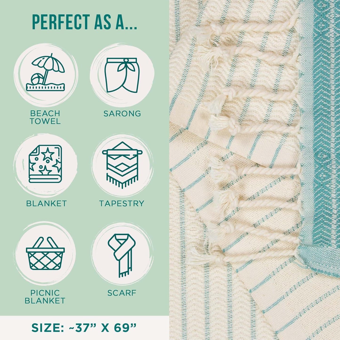 Sand Cloud Large Turkish Beach Towel - Sand Free - 100% Organic Turkish Cotton Yarn - Quick Dry Towel for Beach, Picnic Blanket or Throw - As Seen on Shark Tank - Boho Turquoise XL