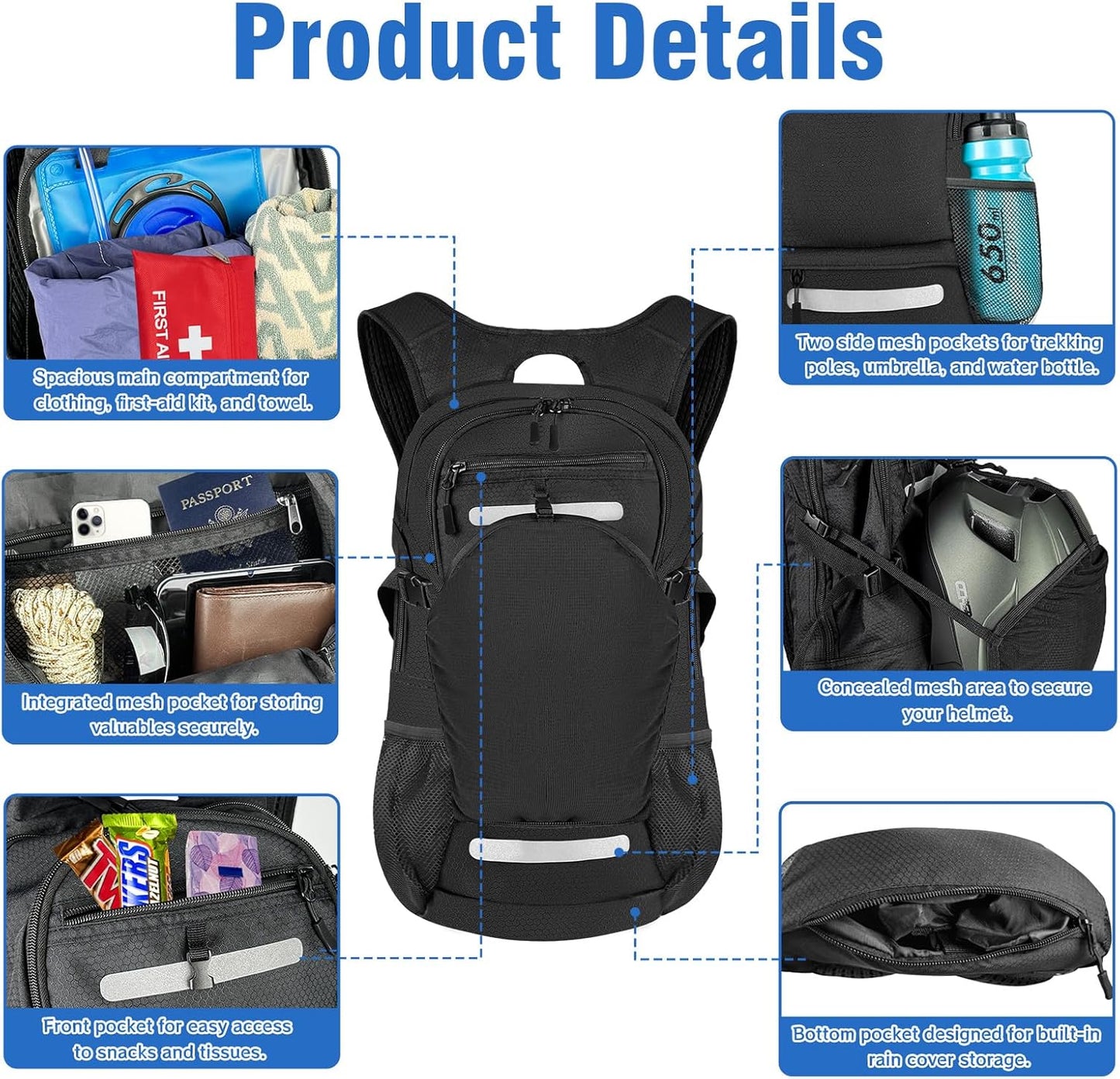 Zavothy 18L Hydration Backpack with 3L Water Bladder – Waterproof Hiking Pack with Insulated Bladder Compartment, Hidden Helmet Holder & Rain Cover – for Running, Cycling, and Camping